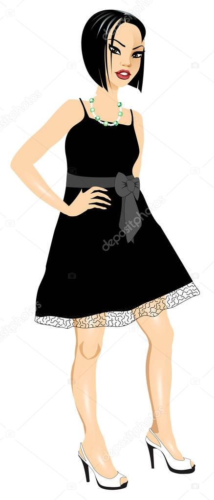 Asian Woman Black White Dress