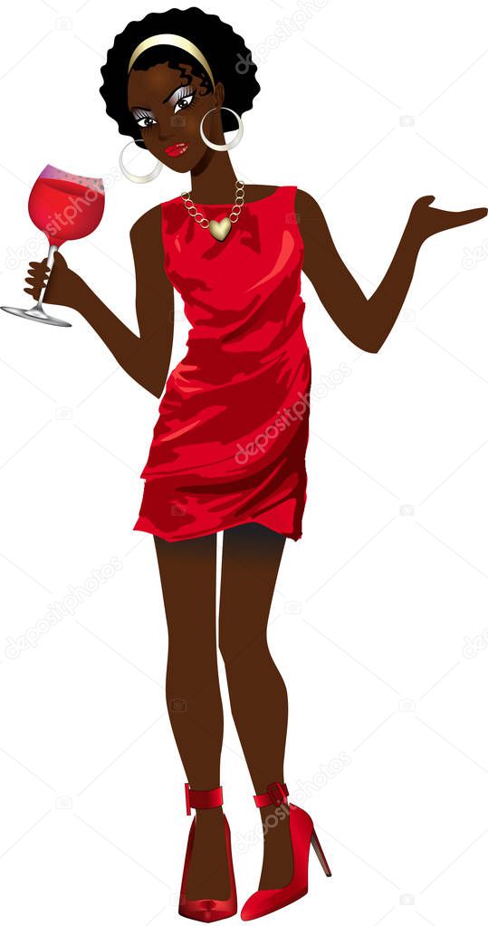 Black Woman Red Dress and Red Wine
