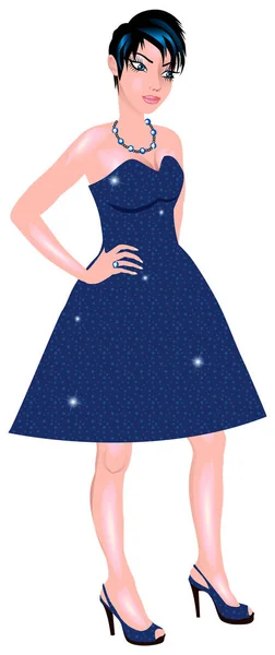Φόρεμα μπλε λάμψη λευκή γυναίκα — Διανυσματικό Αρχείο