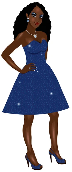 Fekete nő Szikrázó kék ruha — Stock Vector