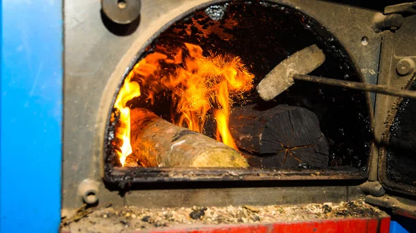 Arka planda odun yakıtı kazanı