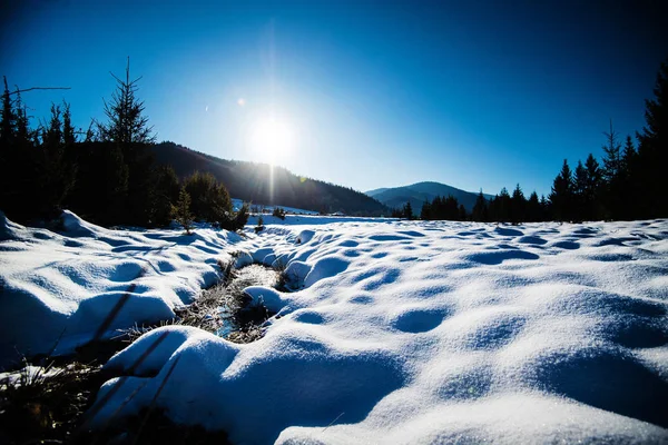冬の山の森素晴らしい冬の風景。雪の山 — ストック写真