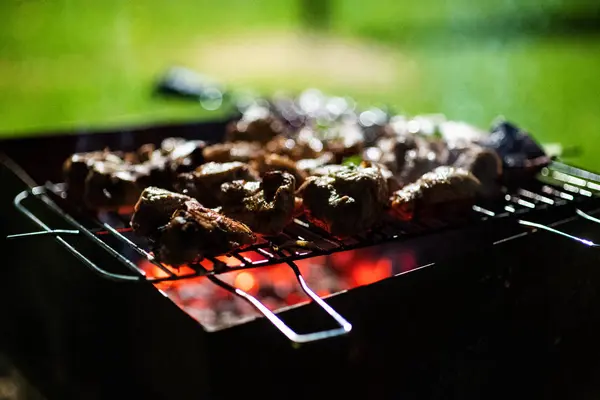 As partes suculentas de carne preparam-se no fogo. churrasco — Fotografia de Stock