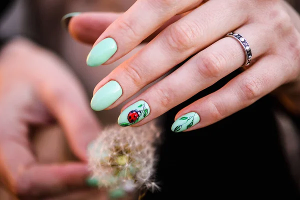 Nails Design Hands Bright Green Manicure Flowers Close Female Hands — Stock Photo, Image