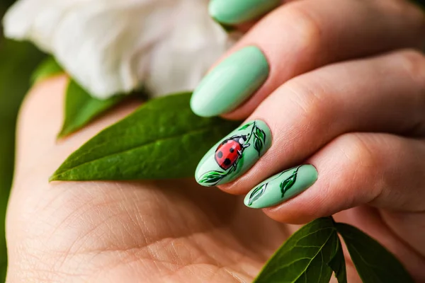 Nails Design Hands Bright Green Manicure Flowers Close Female Hands — Stock Photo, Image