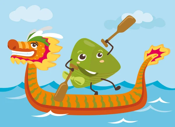 Dragon Boat Ryż Dumpling Kreskówka Charakter Gospodarstwa Wiosła Ilustracja Projektu — Wektor stockowy