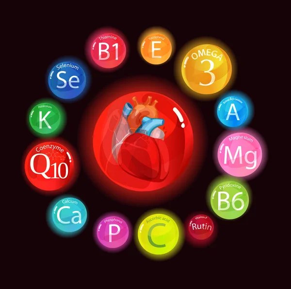 Healthy heart. Vitamins and minerals. — Stock Vector © AlfaOlga 190028646