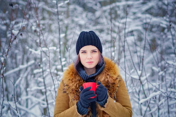 Retrato Uma Menina Bonita Uma Floresta Inverno — Fotografia de Stock