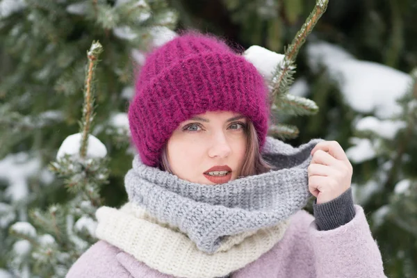 Retrato Uma Jovem Bela Menina Inverno Livre Tempo Natal — Fotografia de Stock
