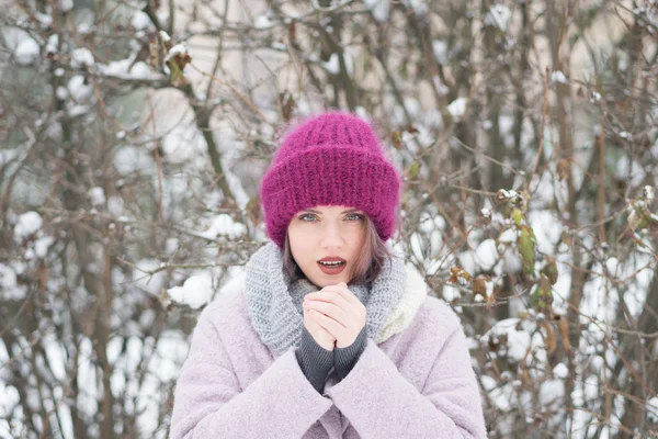 Retrato Uma Jovem Bela Menina Inverno Livre Tempo Natal — Fotografia de Stock