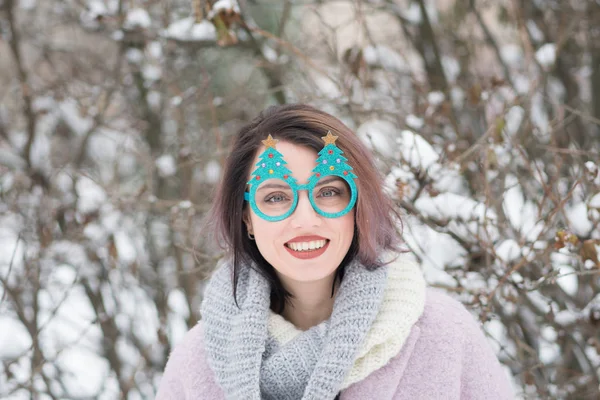 Retrato Uma Bela Menina Inverno Parque Natal — Fotografia de Stock