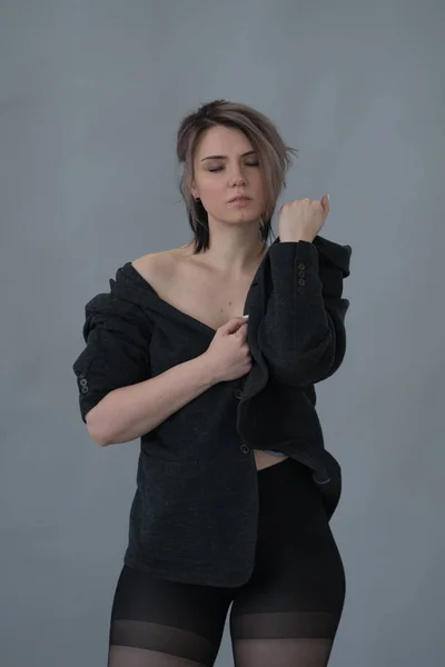 Young Pretty Beautiful Girl Posing Studio Jacket — Stock Photo, Image