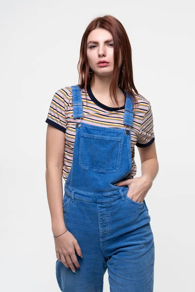 Young Beautiful Girl Posing Studio Standing Blue Overalls — Stock Photo, Image