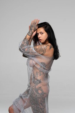 Stüdyoda çıplak poz veren genç ve güzel bir kız şeffaf bir elbisenin içinde duruyor.