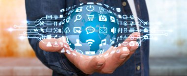 Dijital dünya ile web simgeleri kullanarak iş adamı