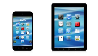 Modern dijital telefon ve beyaz arka planda 3d render tablet