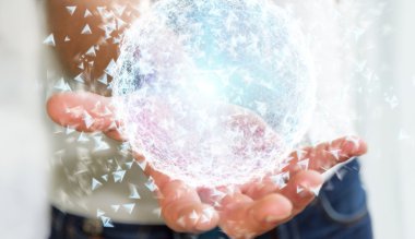 3D render veri ağ küre elinde tutan işadamı