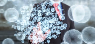 Onun f ile 3D render veri ağ küre dokunmadan işadamı