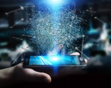 3D render veri ağ küre ile onun mobi kullanarak iş adamı