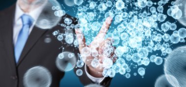 Onun f ile 3D render veri ağ küre dokunmadan işadamı