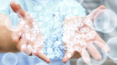 3D render veri ağ küre elinde tutan işadamı