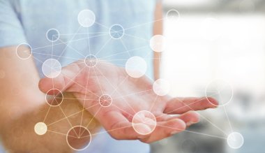 Onun el 3d renderin dijital veri ağ tutan işadamı