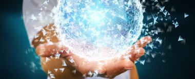 3D render veri ağ küre elinde tutan işadamı