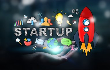 İşadamı kırmızı başlangıç çizim tutan koyu arka plan üzerinde