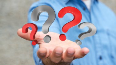 Soru işaretleri 3d render elinde tutan işadamı