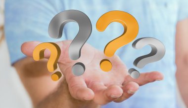 Soru işaretleri 3d render elinde tutan işadamı