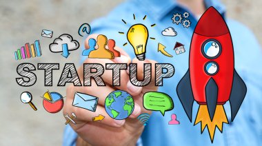 Başlangıç metin ve kırmızı roket kalemle çizim işadamı