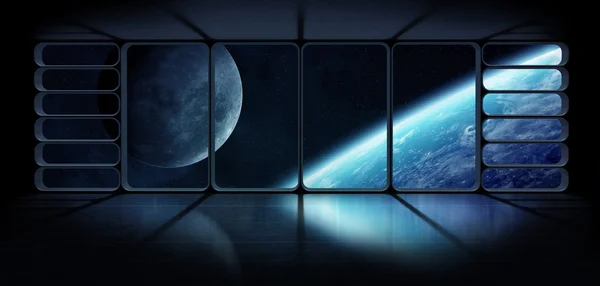 Pohled na planetu zemi z prvků okna obrovskou vesmírnou loď tohoto obrázku jsou podle Nasa — Stock fotografie