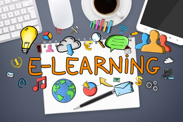 E-learning text and icons on office background