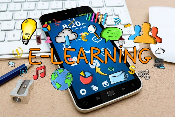 Testo e-learning e icone sullo sfondo dell'ufficio — Foto Stock