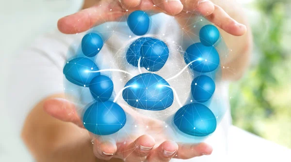 Empresario sosteniendo icono azul de la red social 3D renderizado —  Fotos de Stock