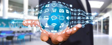 Dijital dünya ile web simgeleri kullanarak iş adamı