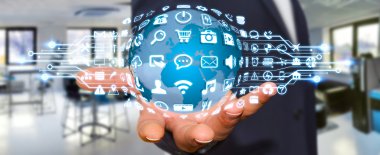 Dijital dünya ile web simgeleri kullanarak iş adamı