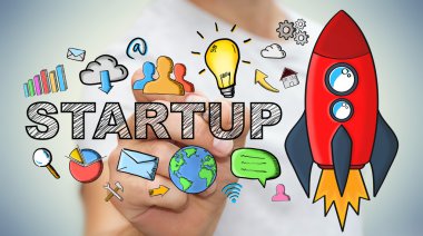 Başlangıç metin ve kırmızı roket kalemle çizim işadamı