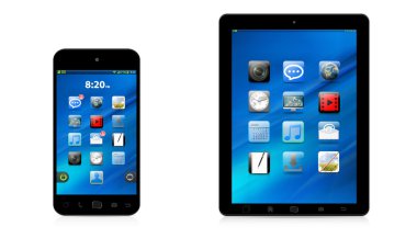 Modern dijital telefon ve beyaz arka planda 3d render tablet