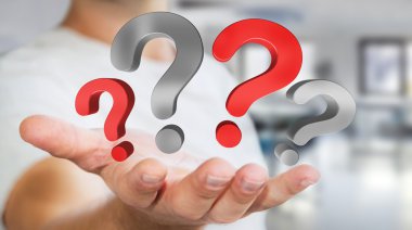 Soru işaretleri 3d render elinde tutan işadamı