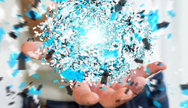 3D render veri ağ küre elinde tutan işadamı