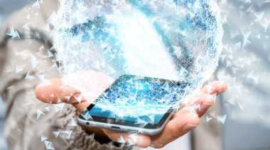 3D render veri ağ küre ile onun mobi kullanarak iş adamı