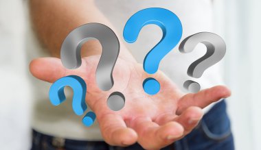 Soru işaretleri 3d render elinde tutan işadamı