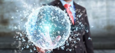 Onun f ile 3D render veri ağ küre dokunmadan işadamı