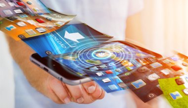 İşadamı modern cihaz 3d rende üzerinde telefon arka plan değiştirme