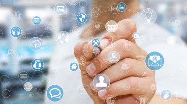 İşadamı kalem 3d rendering ile çoklu ortam ağ kullanma