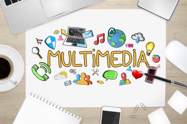 Office arka plan üzerinde çoklu ortam simgeleri çizilmiş