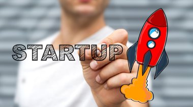 Başlangıç metin ve kırmızı roket kalemle çizim işadamı