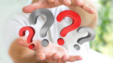 Soru işaretleri 3d render elinde tutan işadamı