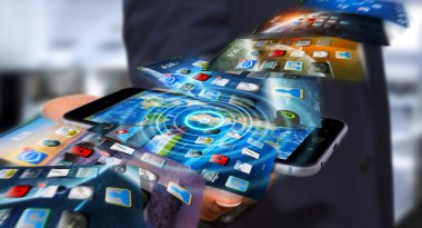 İşadamı modern cihaz 3d rende üzerinde telefon arka plan değiştirme